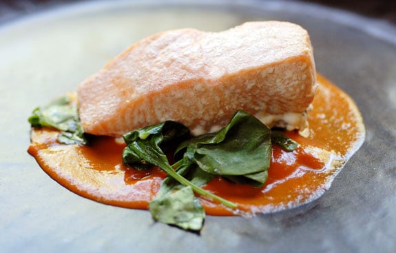 roasted red pepper tomato sauce with spinach and salmon