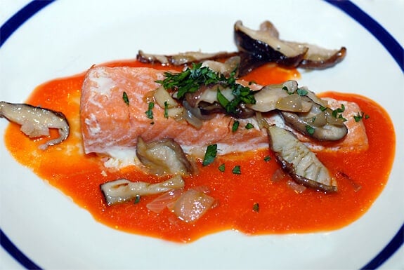 salmon with mushrooms and red pepper sauce